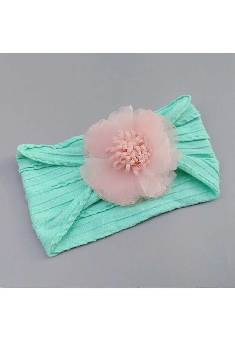 Bentita verde lata cu model din tesatura si fundita din tulle,  Model AL 34983, 0-12 luni