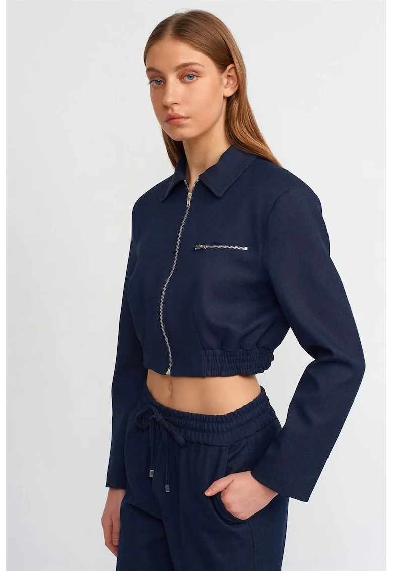 Geaca bomber  femei, albastru marin, fermoar, lunga, crepe
