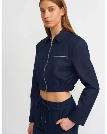 Geaca bomber  femei, albastru marin, fermoar, lunga, crepe