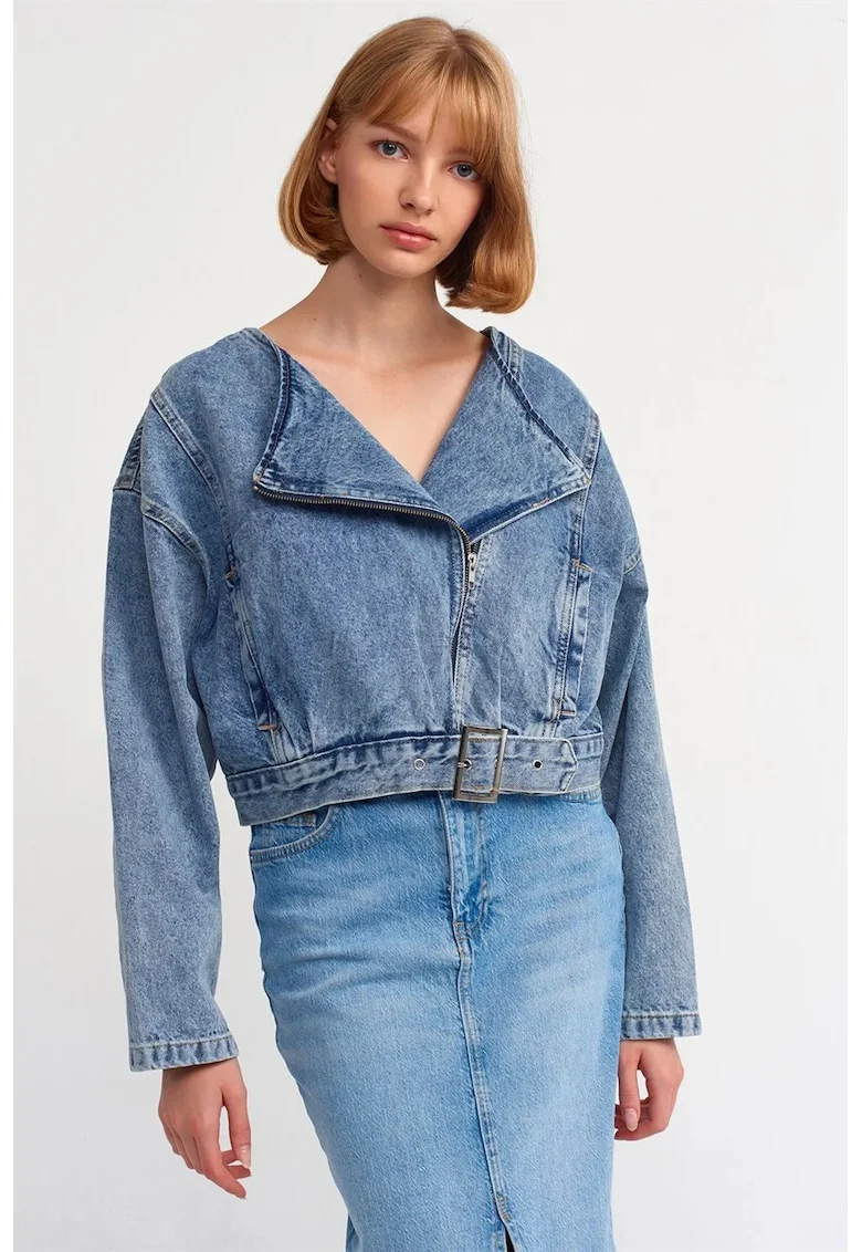 Geaca scurta dama  denim albastru mediu, cu curea, fermoar, 100% bumbac