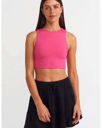Top scurt  roz aprins, elastic, 93% nailon, 7% elastan, casual, femei,
