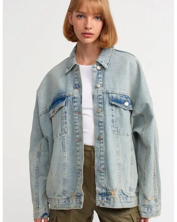 Geaca dama,  jacheta supradimensionata din denim, albastru deschis, 100% bumbac