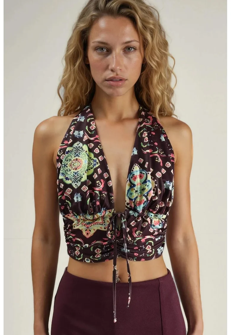 Top scurt  cu imprimeu etnic, guler halter, maro, poliester,