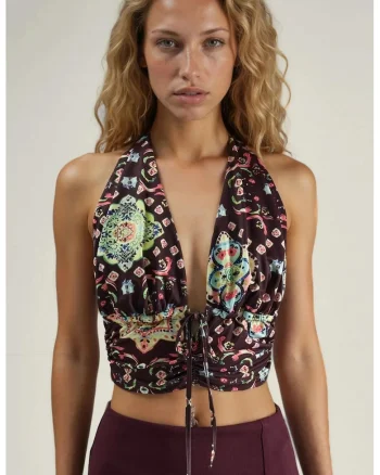 Top scurt  cu imprimeu etnic, guler halter, maro, poliester,