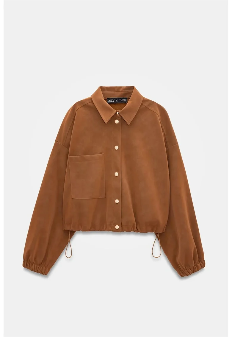 Geaca bomber  oversized din piele intoarsa faux, maro nuc, lunga, cu nasturi, pentru femei