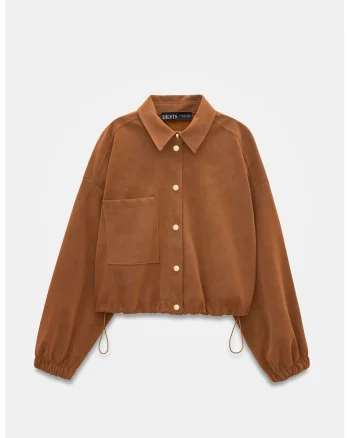 Geaca bomber  oversized din piele intoarsa faux, maro nuc, lunga, cu nasturi, pentru femei