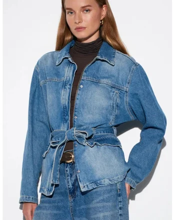 Geaca de blugi  pentru femei, cu curea, albastru mediu, denim