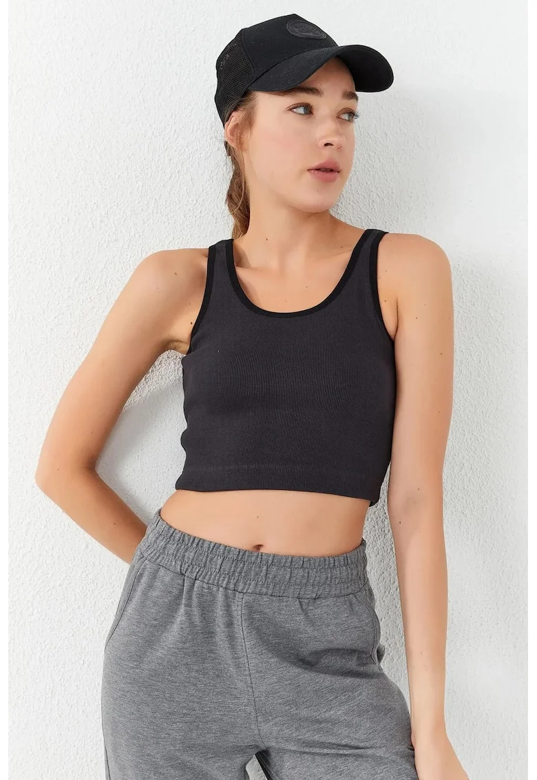 Top scurt,  fara maneci, negru, bumbac-elastan,