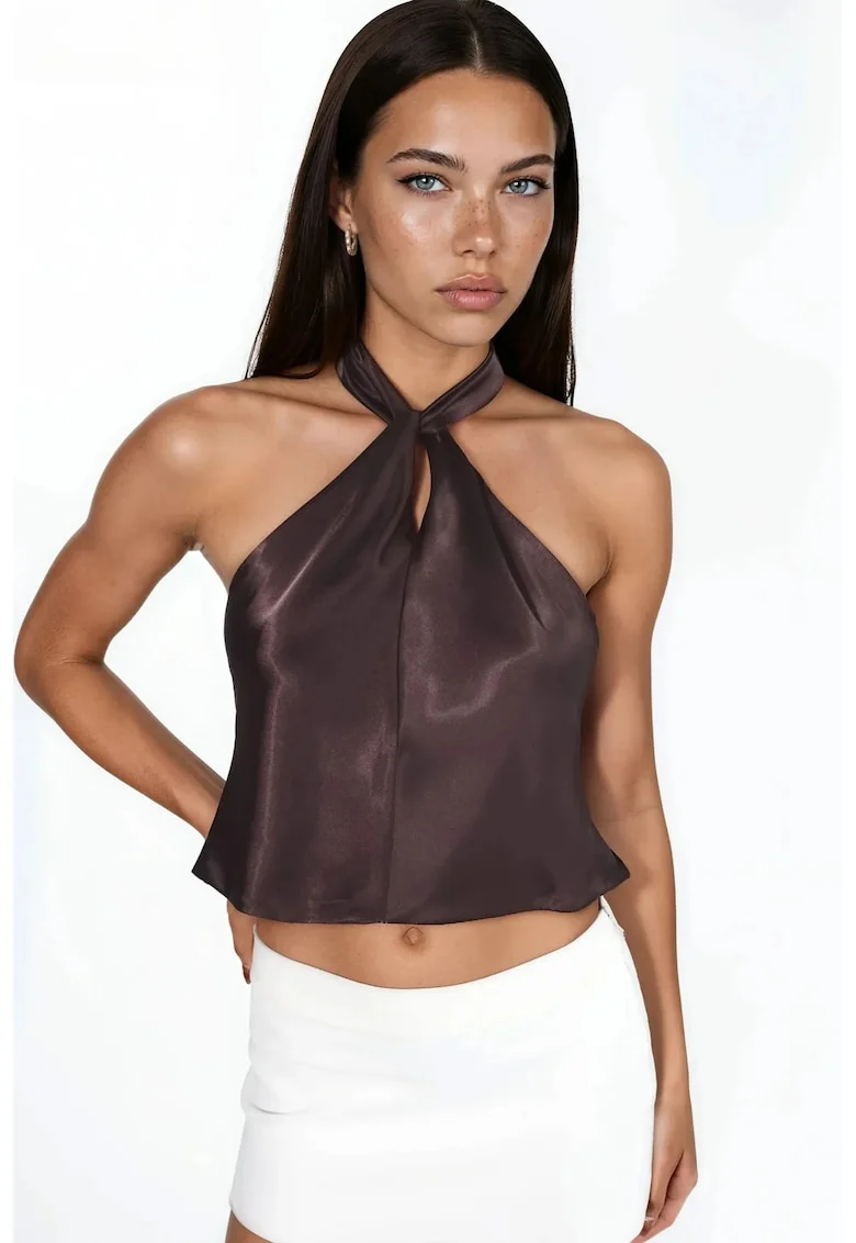 Top elegant  guler halter, inchidere cu siret, maro, textil