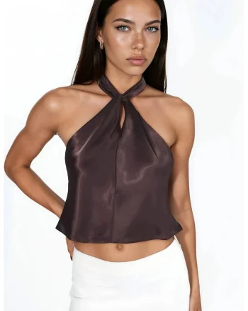 Top elegant  guler halter, inchidere cu siret, maro, textil
