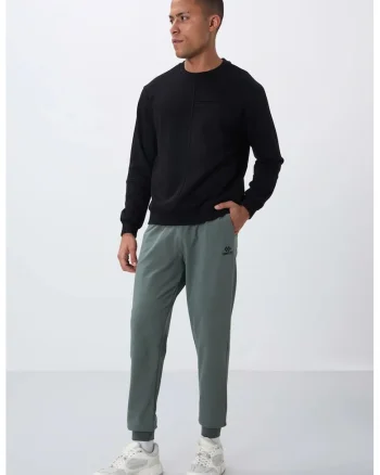 Pantaloni sport,  fleece, buzunar, verde salvie, bumbac,