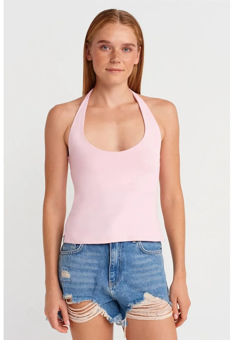 Maiou  Top Slim Fit cu guler halter si decupaje, Roz Pudra, 93% nailon, 7% elastan