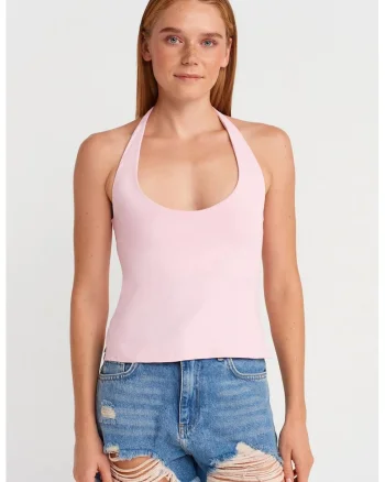 Maiou  Top Slim Fit cu guler halter si decupaje, Roz Pudra, 93% nailon, 7% elastan