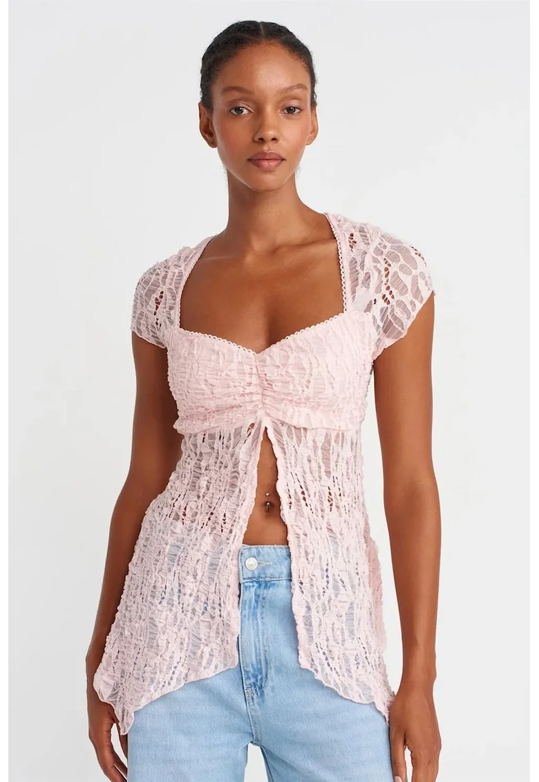 Top  Top Slim Fit cu decolteu patrat, decupaj, Roz pudrat, Dantela
