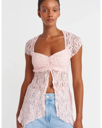 Top  Top Slim Fit cu decolteu patrat, decupaj, Roz pudrat, Dantela