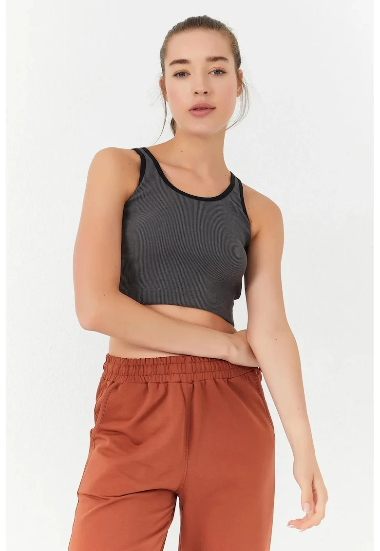 Top scurt,  fara maneci, gri antracit, bumbac-elastan