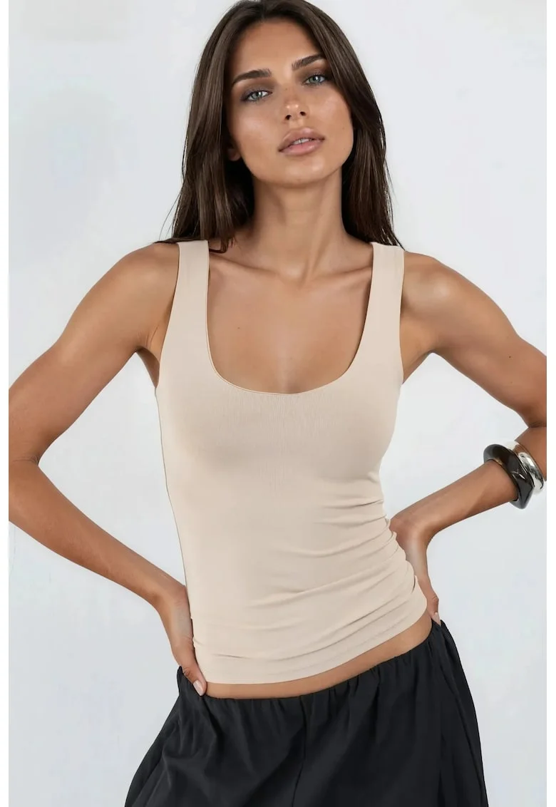 Maiou  casual, decolteu patrat, uni, material tricotat, Crem