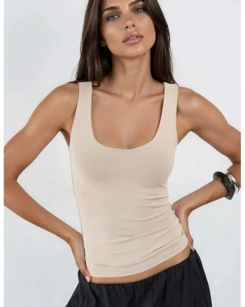 Maiou  casual, decolteu patrat, uni, material tricotat, Crem