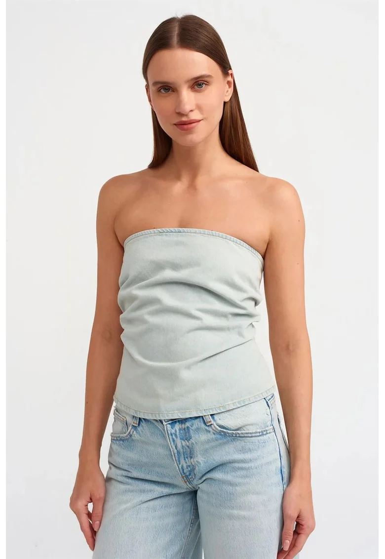 Top scurt din denim,  fara bretele, albastru deschis, bumbac, Albastru