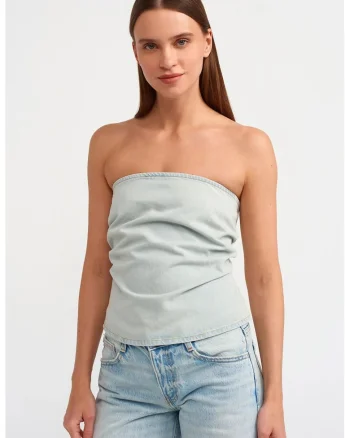 Top scurt din denim,  fara bretele, albastru deschis, bumbac, Albastru