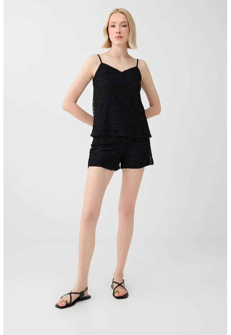 Top crosetat cu bretele inguste ajustabile, Negru