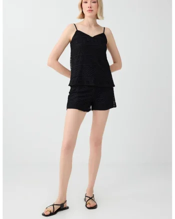 Top crosetat cu bretele inguste ajustabile, Negru