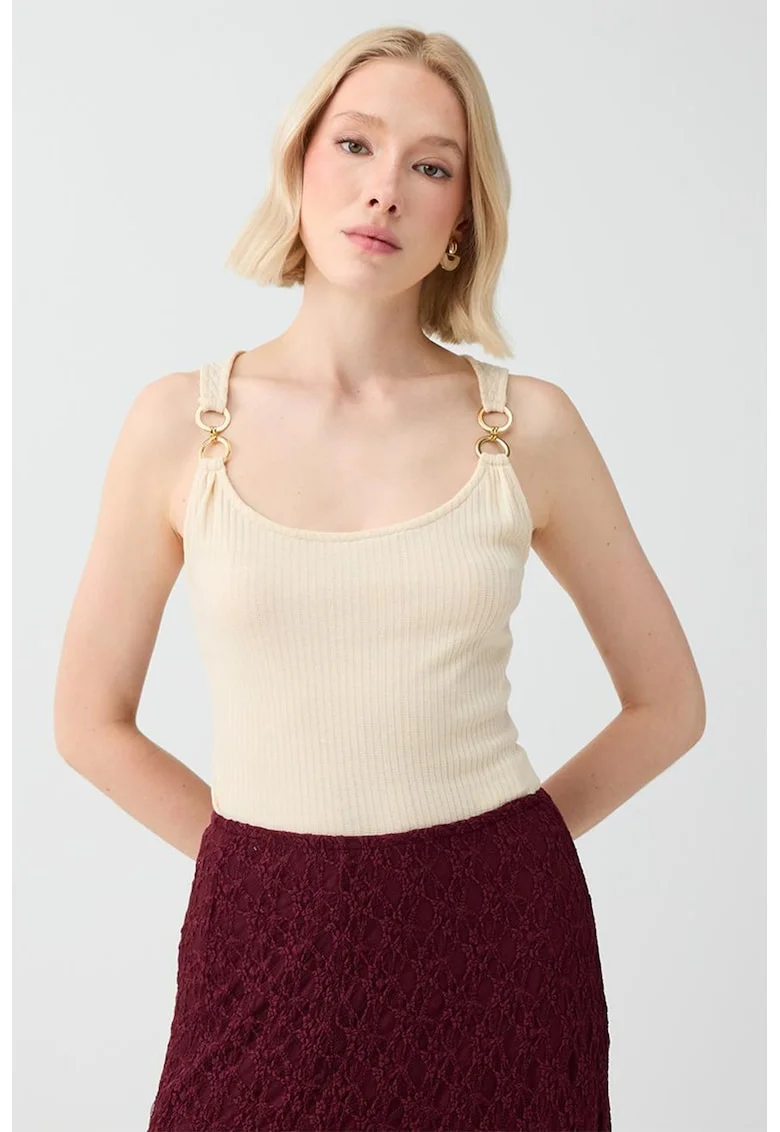 Top striat cu croiala slim-fit, Alb fildes