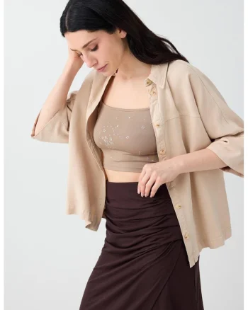 Top crop slim-fit, Bej inchis