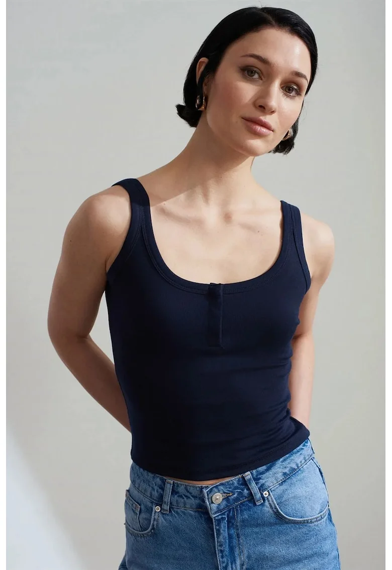Maiou  crop, albastru marin, bumbac-modal-elastan, detalii cu nasturi