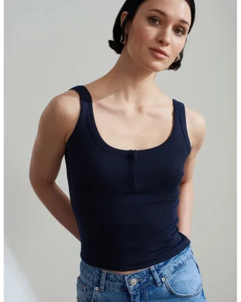 Maiou  crop, albastru marin, bumbac-modal-elastan, detalii cu nasturi
