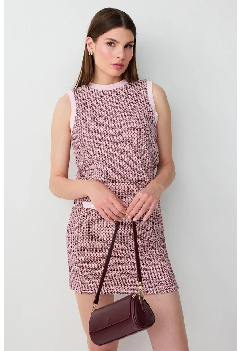 Top din jacquard cu decolteu la baza gatului, Roz deschis/Roz inchis