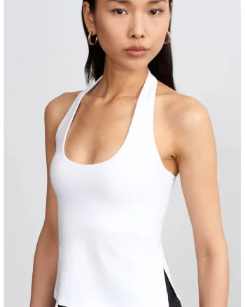 Top Femei,  bluza cu guler halter, decupaje, alb, tricot de jerseu lycra