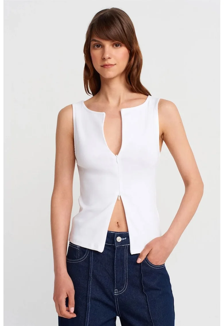 Maiou  slim-fit, cu fermoar, Alb, bumbac cu elastan