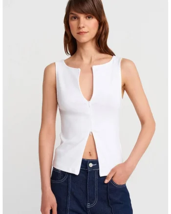 Maiou  slim-fit, cu fermoar, Alb, bumbac cu elastan