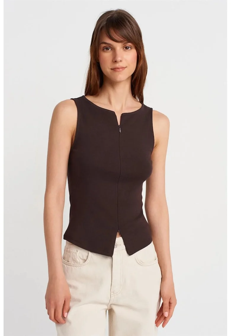 Maiou  slim-fit, cu fermoar, Maro Cafea, bumbac cu elastan