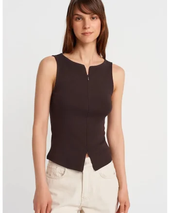 Maiou  slim-fit, cu fermoar, Maro Cafea, bumbac cu elastan