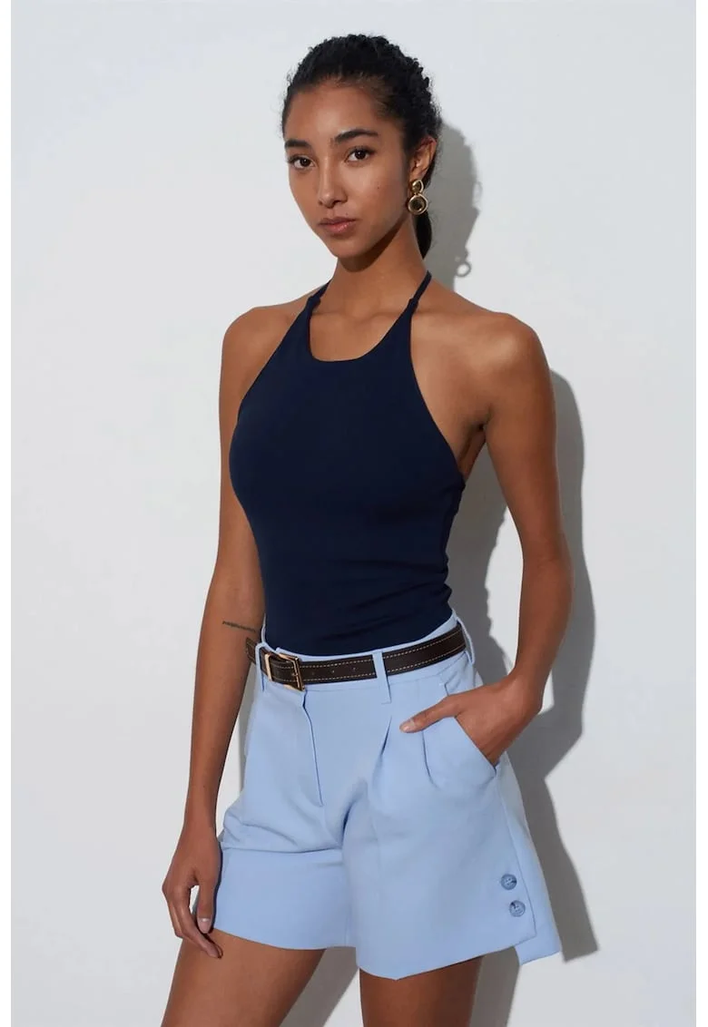 Maiou  halterneck, croiala slim, elastic, Albastru Marin, 95% bumbac, 5% elastan