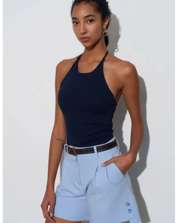 Maiou  halterneck, croiala slim, elastic, Albastru Marin, 95% bumbac, 5% elastan