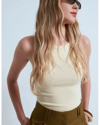 Maiou  fara maneci, crem natural, tricot elastic, casual