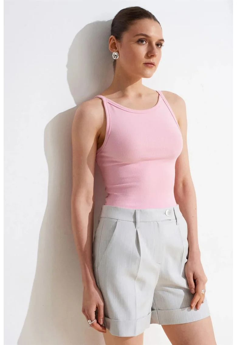 Maiou  fara maneci, roz pudrat, din bumbac cu elastan, stil casual