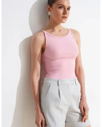 Maiou  fara maneci, roz pudrat, din bumbac cu elastan, stil casual