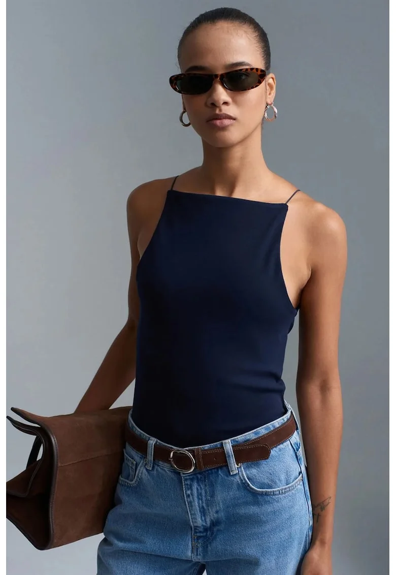 Maiou  halterneck, slim fit, Albastru marin, bumbac elastan