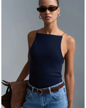 Maiou  halterneck, slim fit, Albastru marin, bumbac elastan