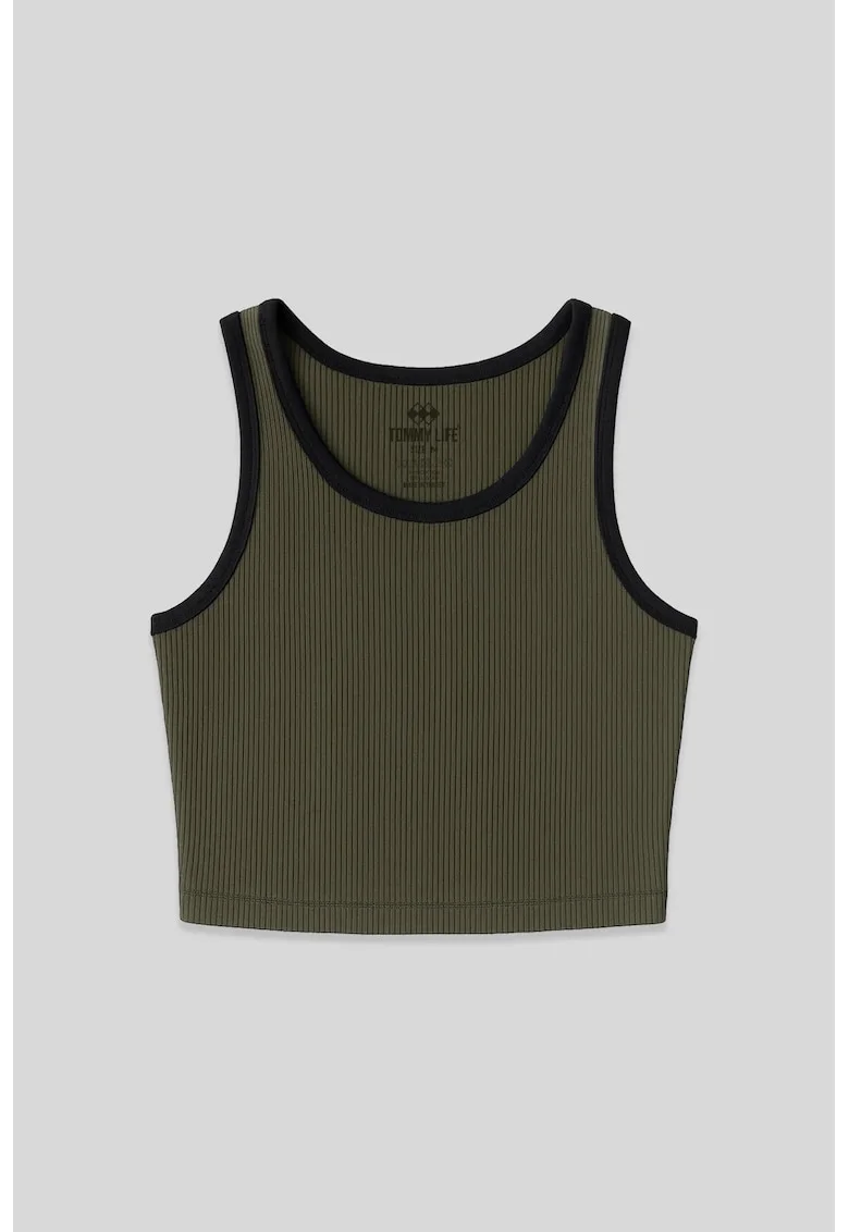 Top scurt,  slim fit, verde kaki, bumbac cu elastan