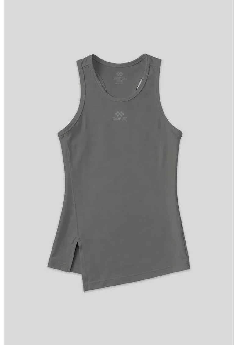 Tricou sport dama,  top activ fara maneci, gri antracit, poliester-elastan
