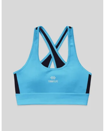 Top sport,  mulat, fara maneci, albastru cerulean, poliester cu elastan