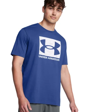 Tricou cu decolteu rotund si logo ABC Camo, Alb/Albastru inchis