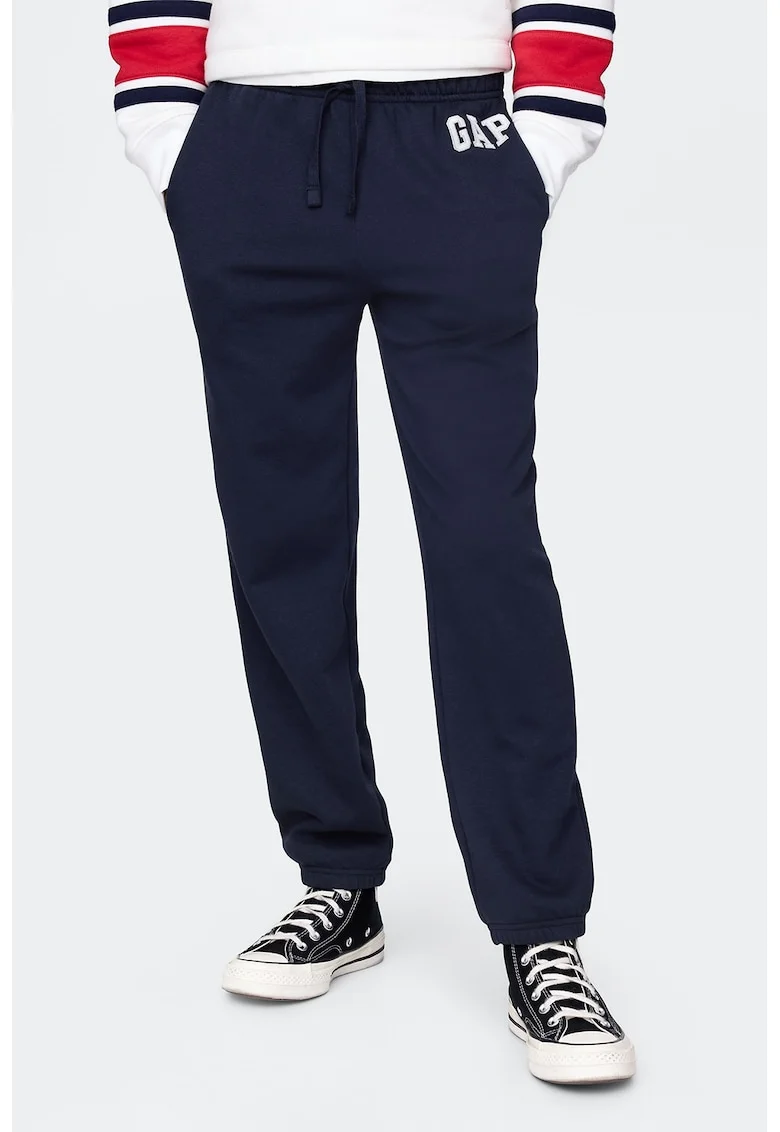 Pantaloni de trening cu croiala relaxed-fit si snur, Alb/Bleumarin