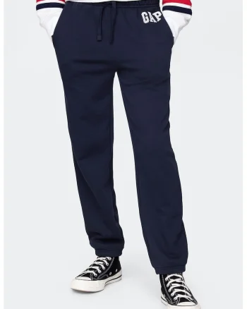 Pantaloni de trening cu croiala relaxed-fit si snur, Alb/Bleumarin