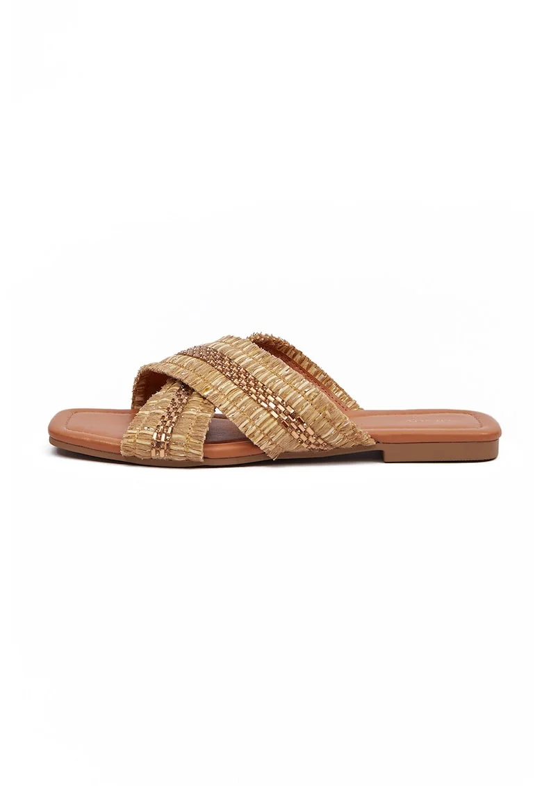 Slide Shoes With Beads Application, Beige, Bej